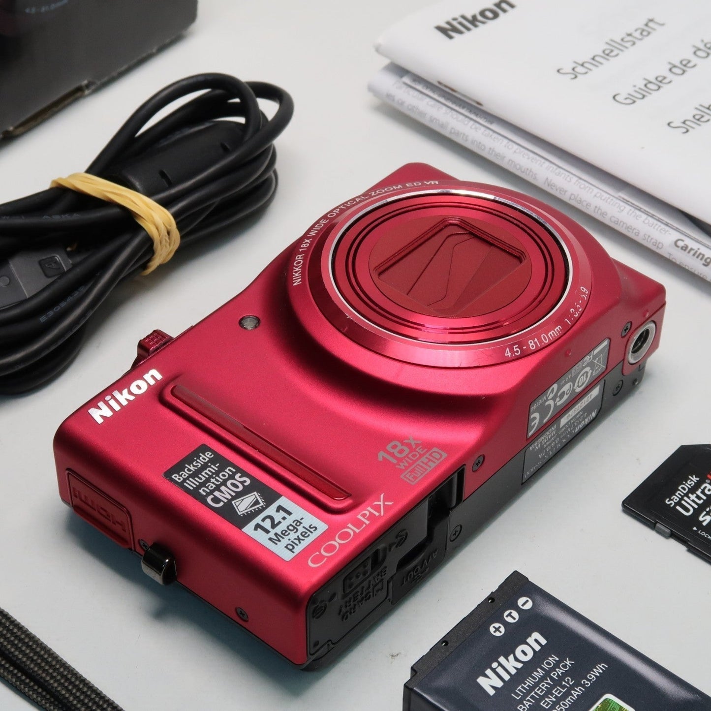 Pre-owned Nikon Coolpix S9100 12.1MP 18x Digital Camera Red, Case, SD Card – Very Good