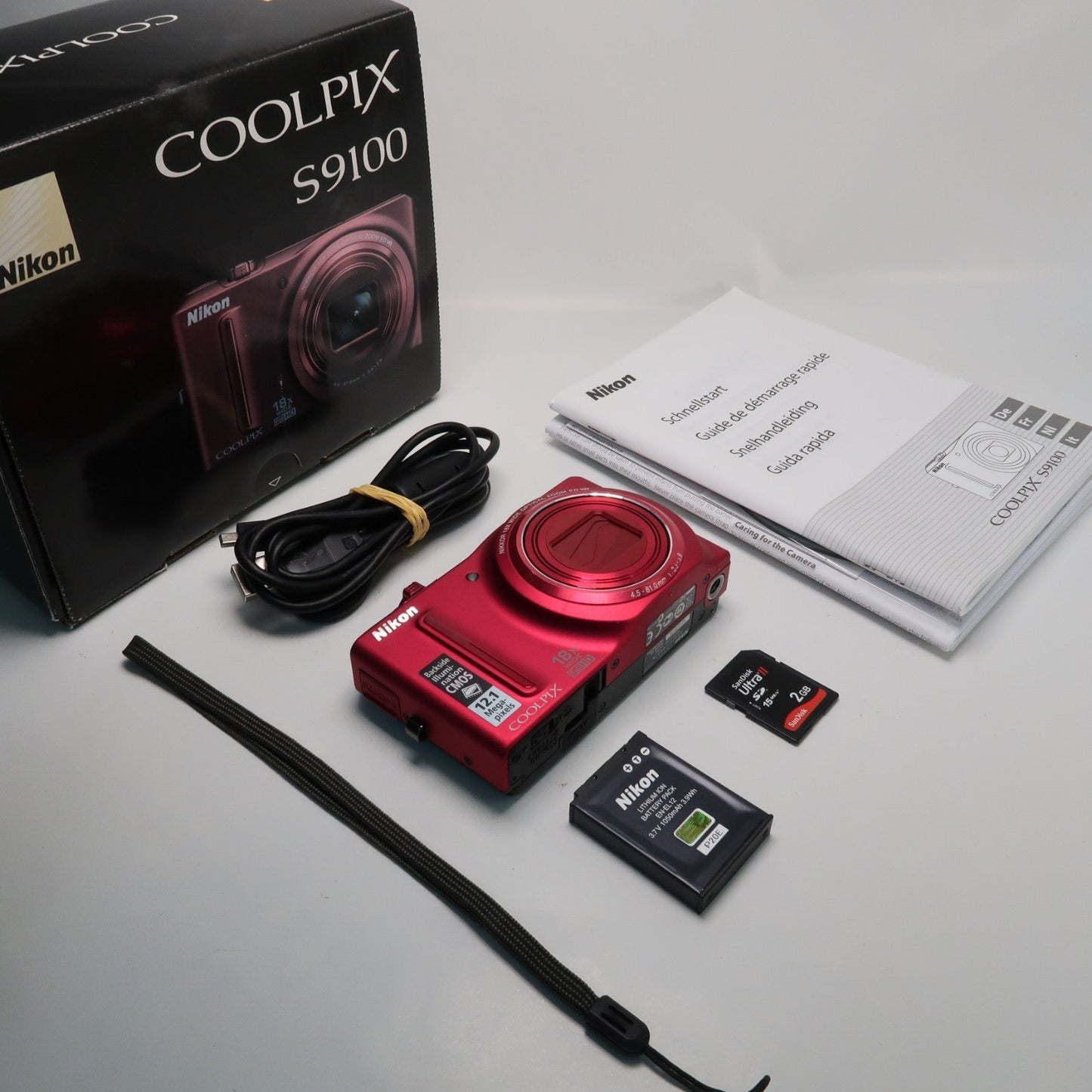 Pre-owned Nikon Coolpix S9100 12.1MP 18x Digital Camera Red, Case, SD Card – Very Good