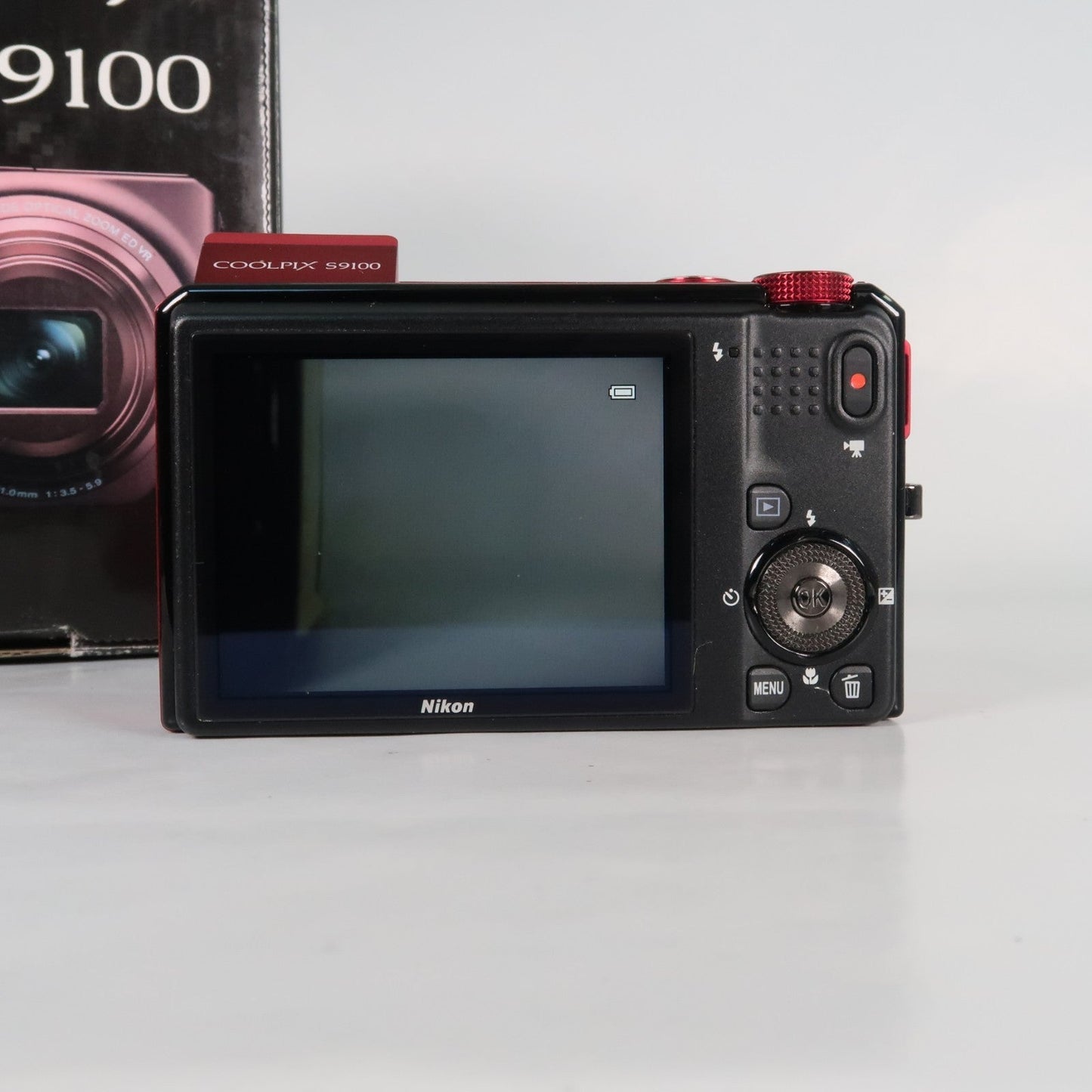 Pre-owned Nikon Coolpix S9100 12.1MP 18x Digital Camera Red, Case, SD Card – Very Good