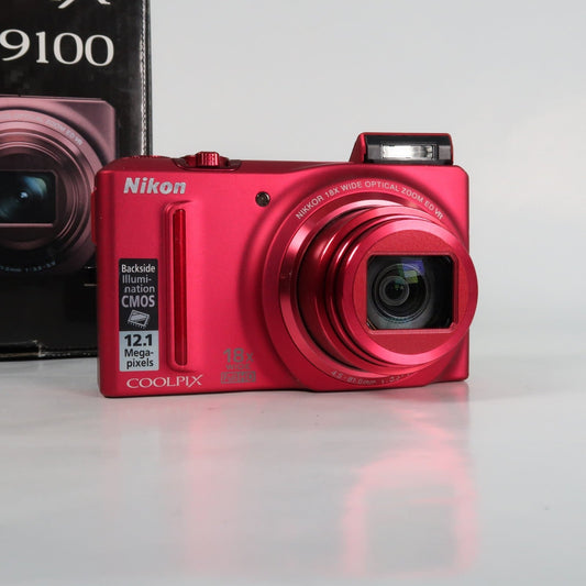 Pre-owned Nikon Coolpix S9100 12.1MP 18x Digital Camera Red, Case, SD Card – Very Good