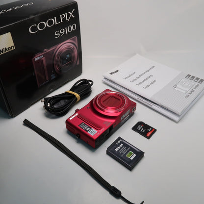 Pre-owned Nikon Coolpix S9100 12.1MP 18x Digital Camera Red, Case, SD Card – Very Good