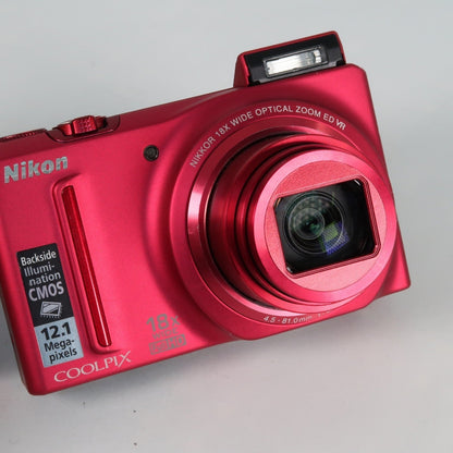 Pre-owned Nikon Coolpix S9100 12.1MP 18x Digital Camera Red, Case, SD Card – Very Good